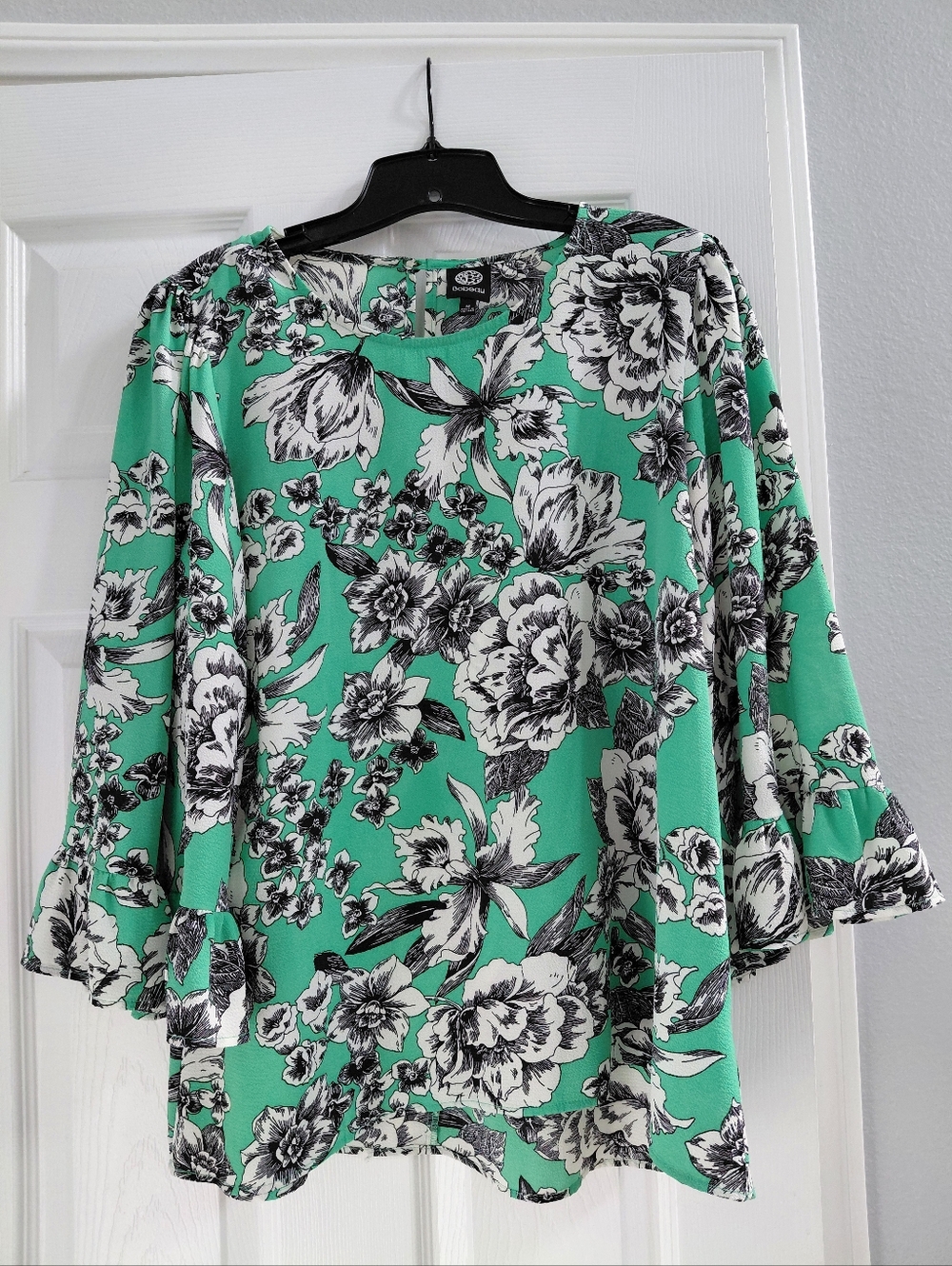 Bobeau Teal Floral Blouse with Black and White Print